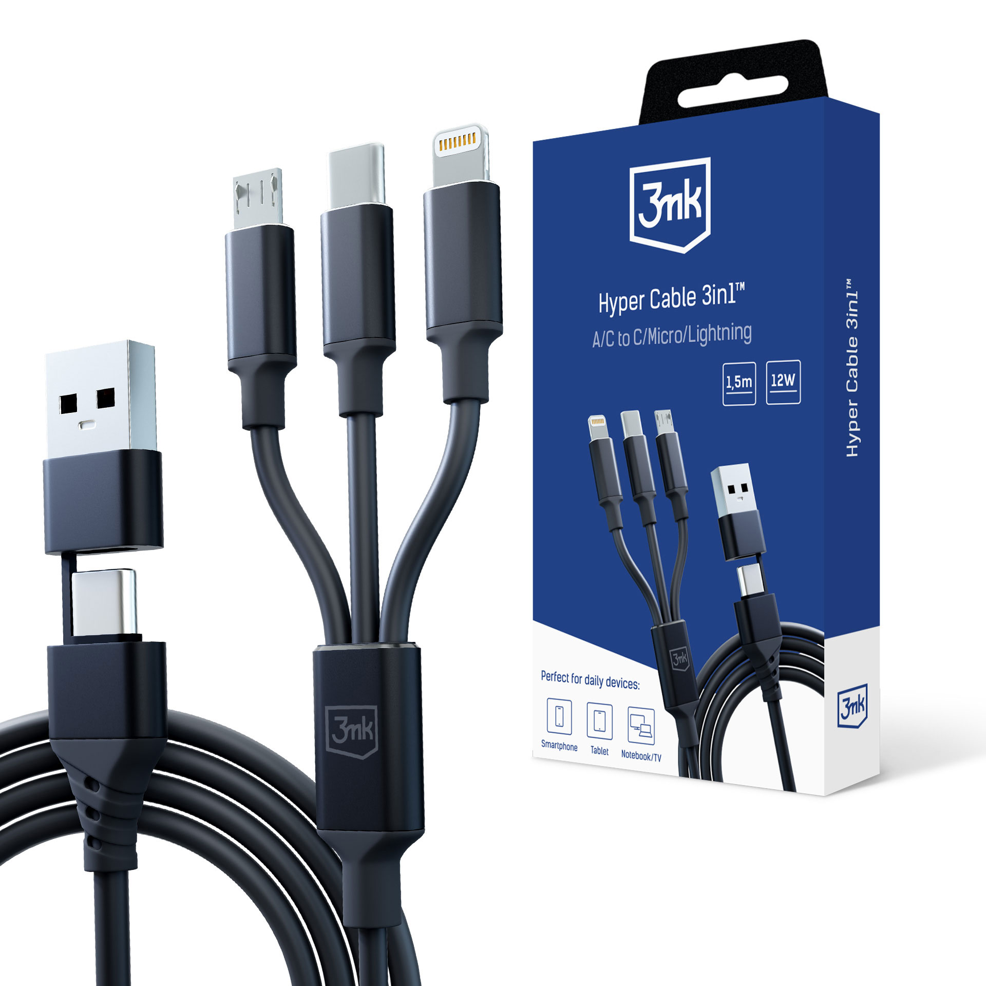 Cablu USB-A/USB-C la USB-C/Micro/Lightning 1.5m - 3mk Hyper Cable 3in1™ Negru
