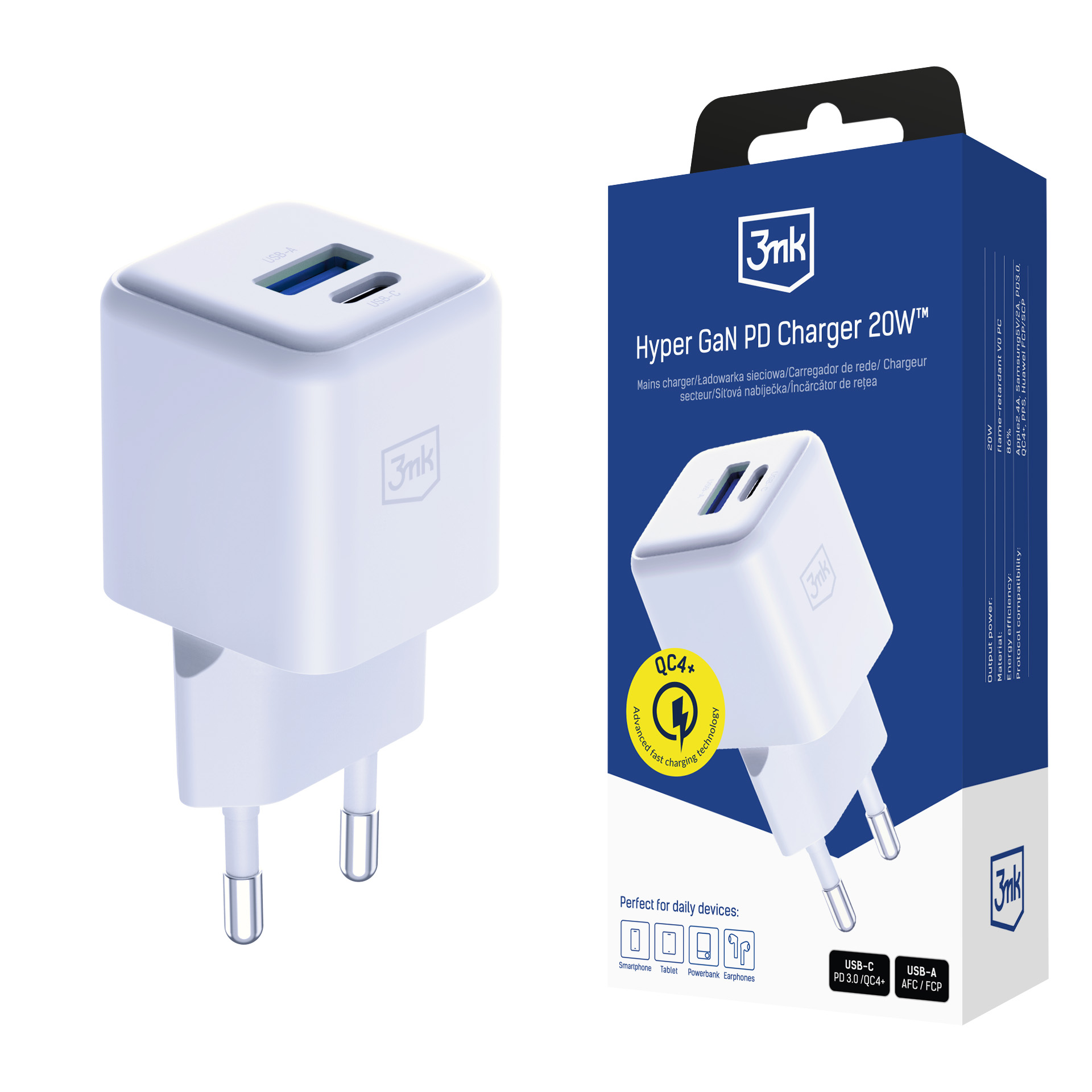 Încărcătorul de rețea 3mk Hyper GaN Charger 20W QC4+ PD PPS USB-C USB-A