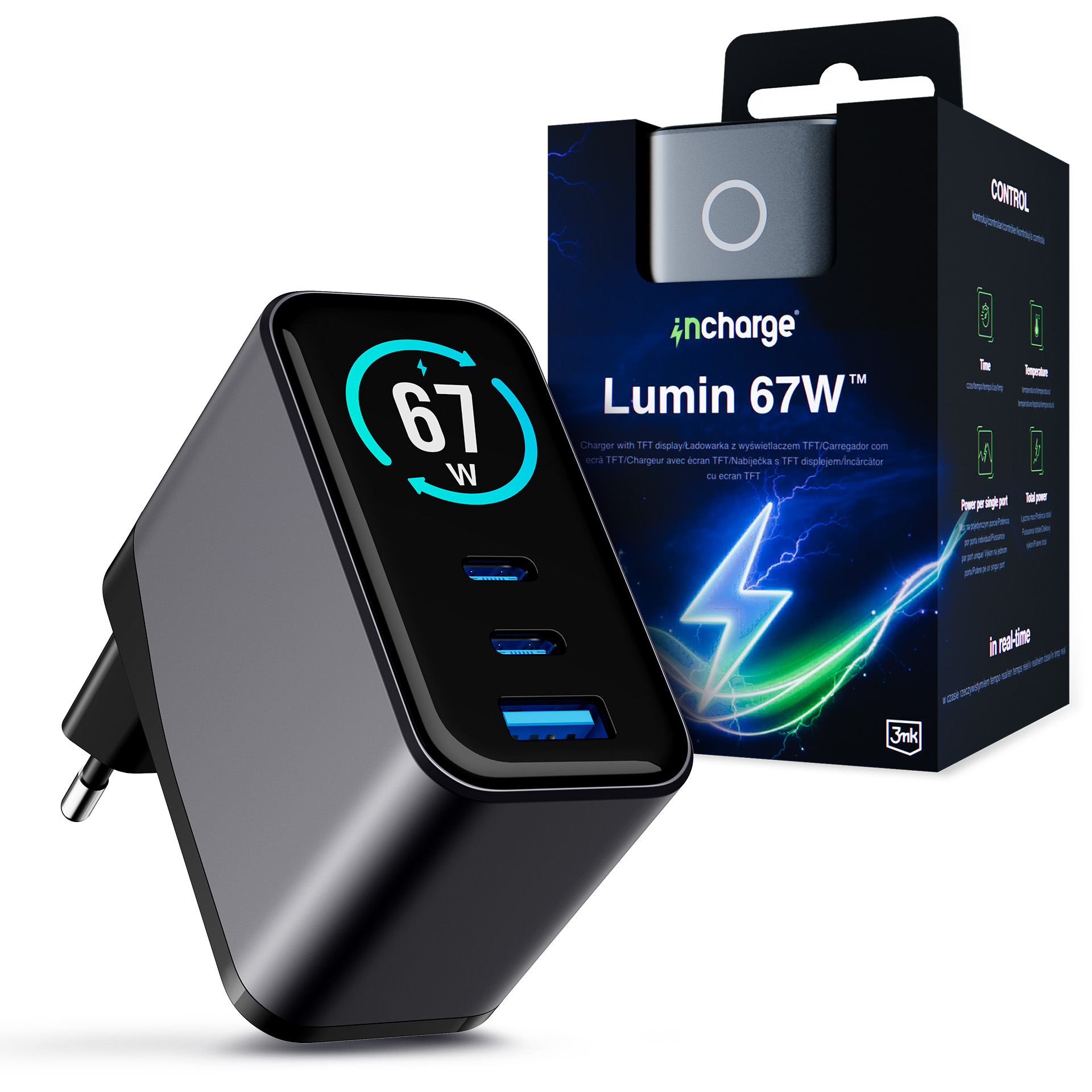 Încărcător de rețea cu afișaj TFT QC 4+ PPS USB-C USB-A 3mk incharge® Lumin 67W™