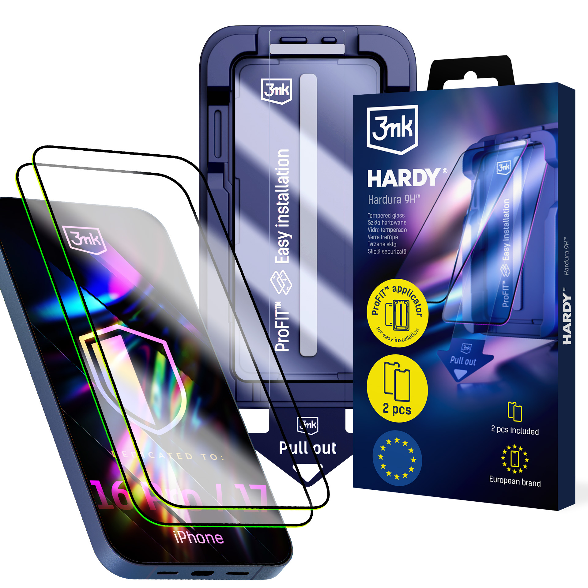 2x Sticlă securizată cu aplicator pentru Apple iPhone 16 Pro/ 17 – 3mk HARDY® Hardura 9H™
