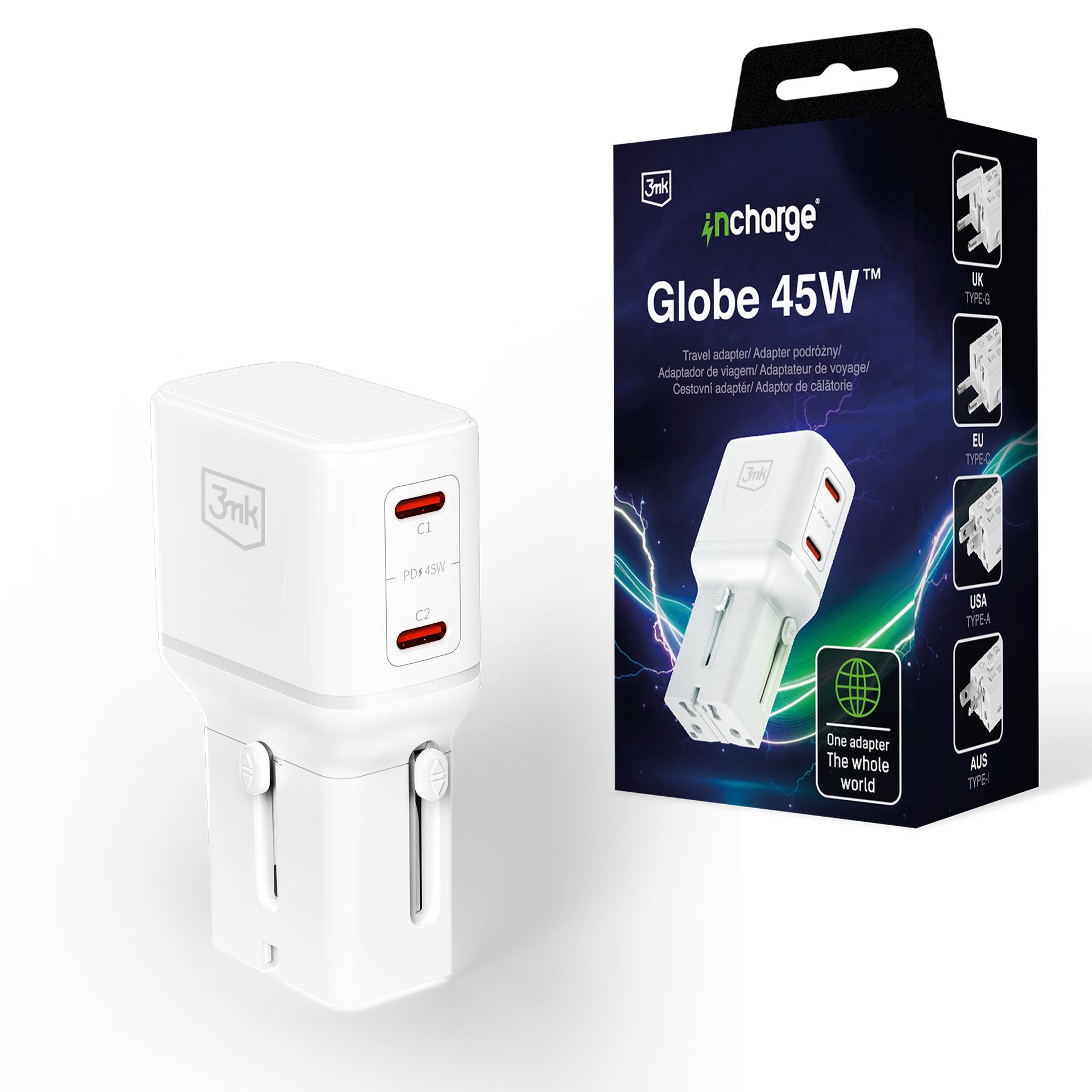 Încărcător de călătorie Adaptor 210 țări 3mk incharge® Globe 45W™ GaN PD QC4+ PPS SCP Alb