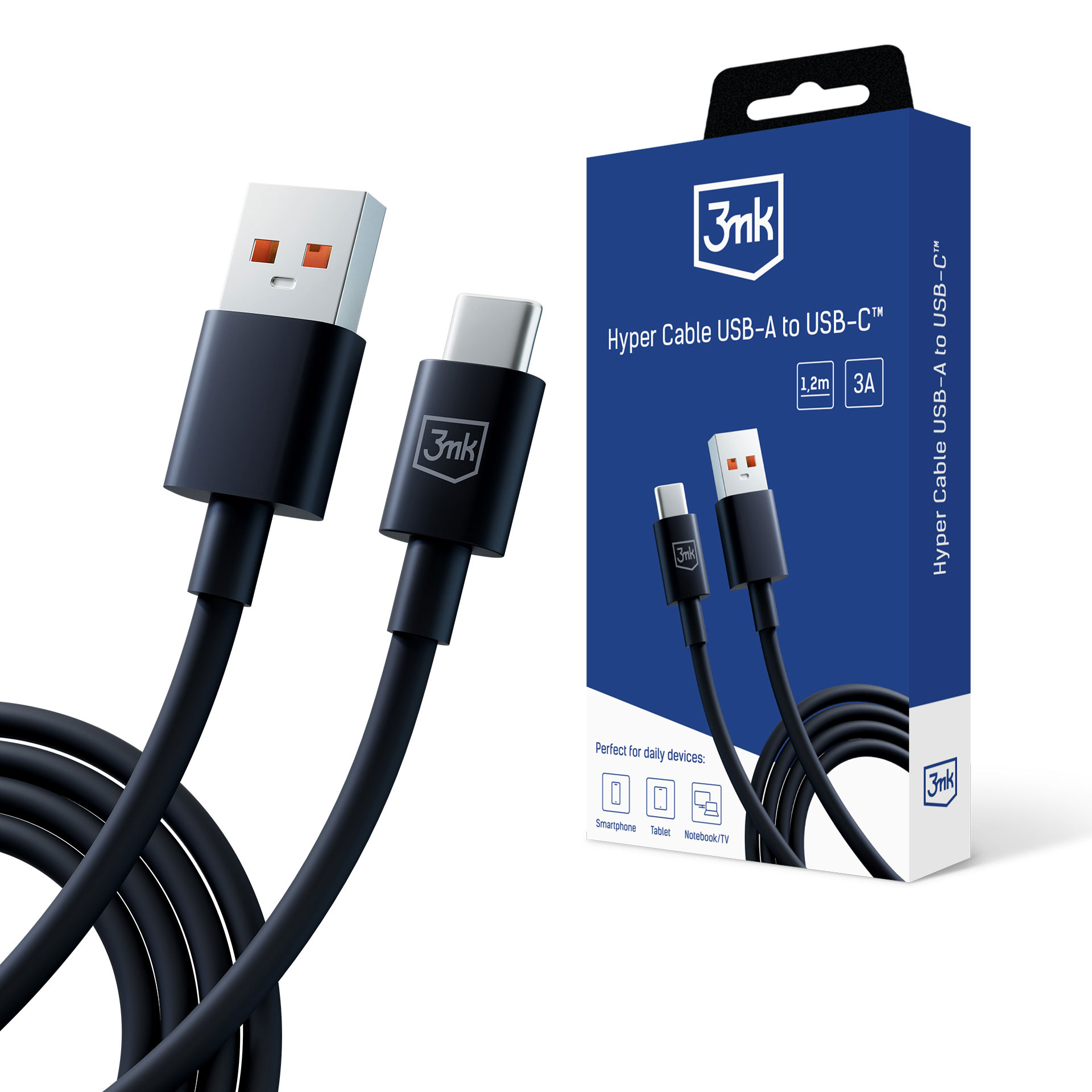 Cablu USB-A la C 60W 3A 1.2m - 3mk Hyper Cable Negru