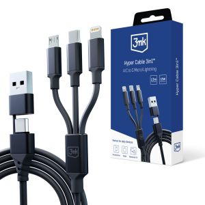 Cablu USB-A/USB-C la USB-C/Micro/Lightning 1.5m - 3mk Hyper Cable 3in1™ Negru