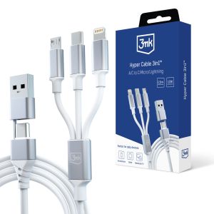 Cablu USB-A/USB-C către USB-C/Micro/Lightning 1.5m - 3mk Hyper Cable 3in1™ Alb