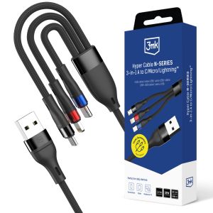 Cablu 1.2m 18W 9V/2A QC 3.0 3mk Hyper Cable N-SERIES 3-in-1 A to C/Micro/Lightning™ Black