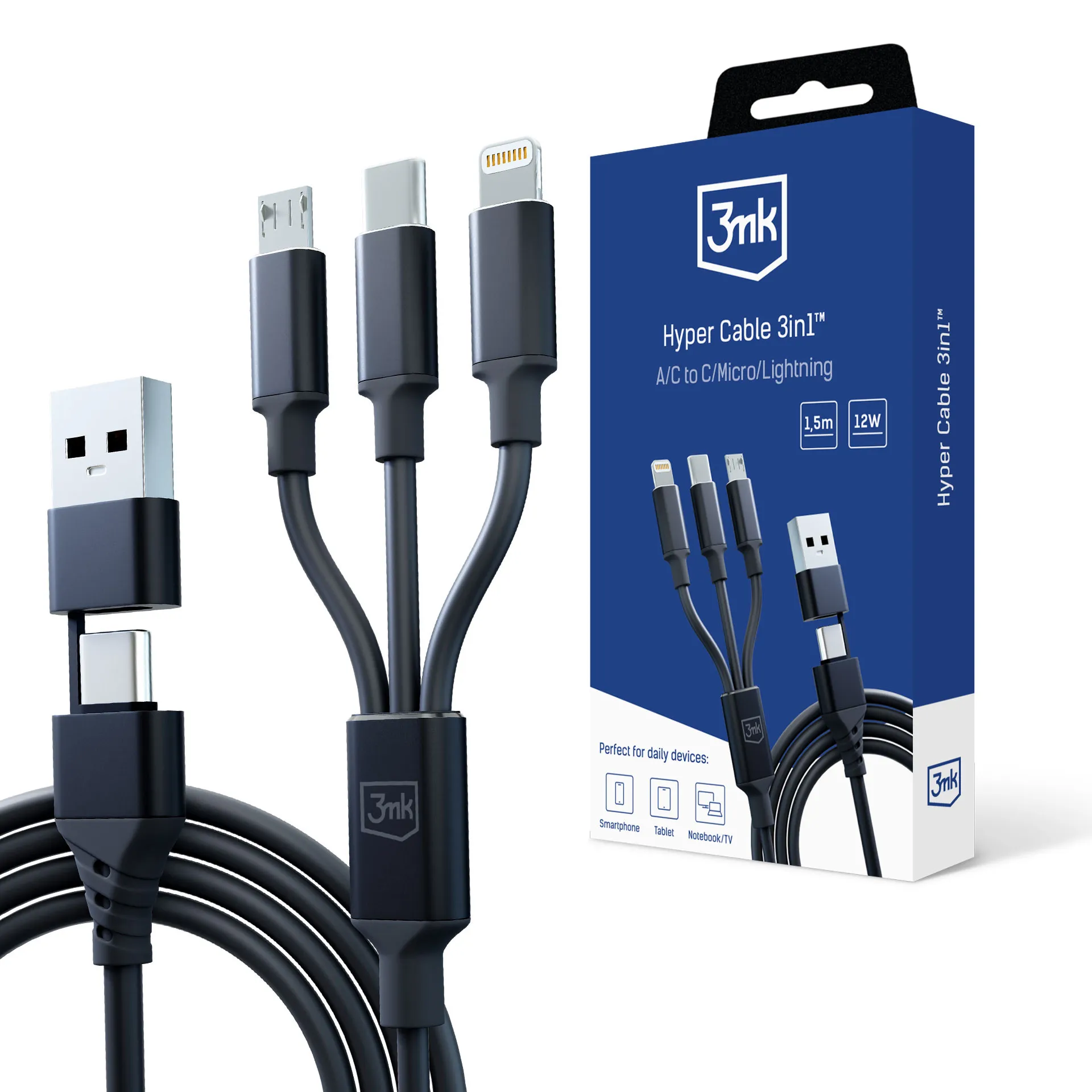 Cablu USB-A/USB-C la USB-C/Micro/Lightning 1.5m - 3mk Hyper Cable 3in1™ Negru