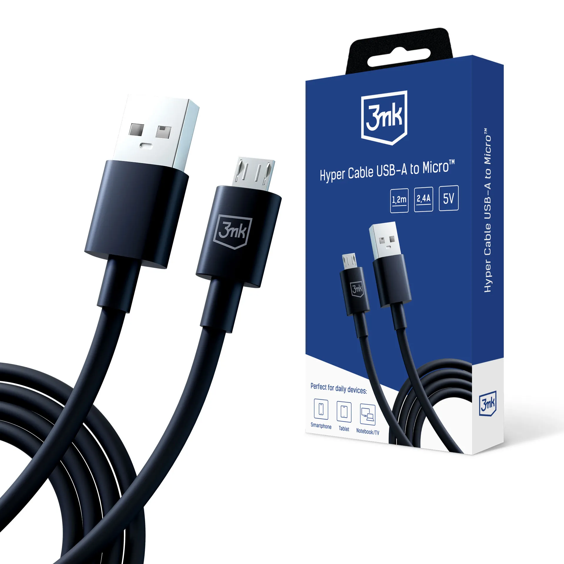 Cablu USB-A la Micro 12W 2.4A 1.2m - 3mk Hyper Cable Negru