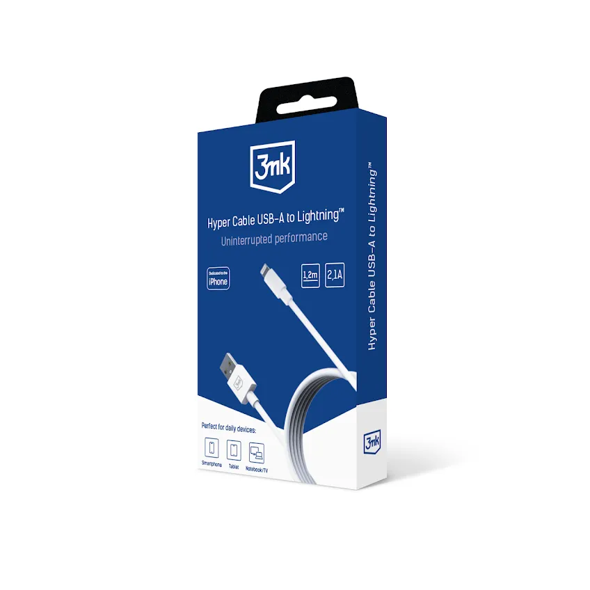 Cablu USB-A la Lightning 12W 2.1A 1.2m - 3mk Hyper Cable Alb